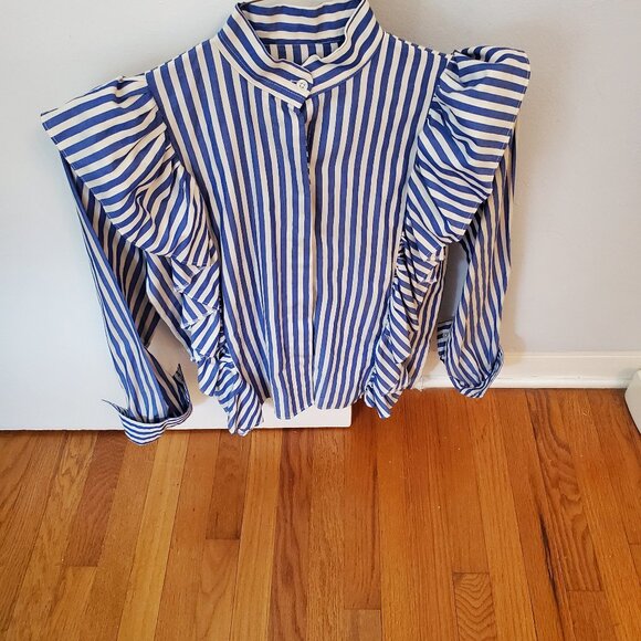 UNKNOWN - NO LABEL Tops - RUFFLED BLUE AND WHITE LONG SLEEVE BLOUSE